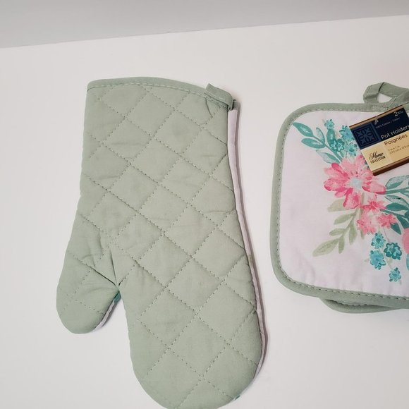 Flower Garden Kitchen Set, 10-piece, Placemats Towels Mitts, Green Pink Floral - Picture 8 of 8